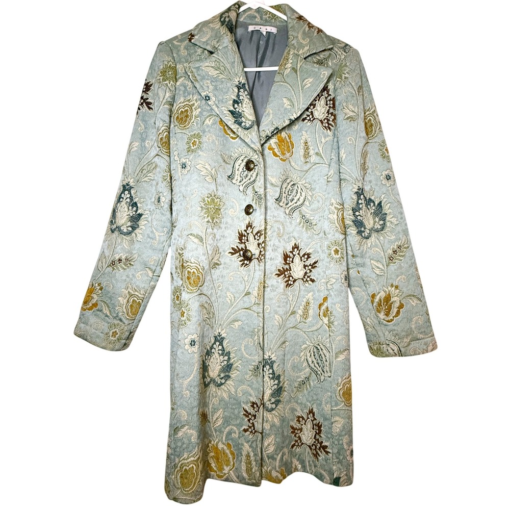 CAbi Guinevere Tapestry Brocade Coat Size 10 Blue Green Floral Belted #371